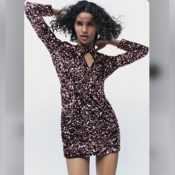 ZARA PINK SEQUIN MINI DRESS LARGE 10 12 - Picture 9 of 11